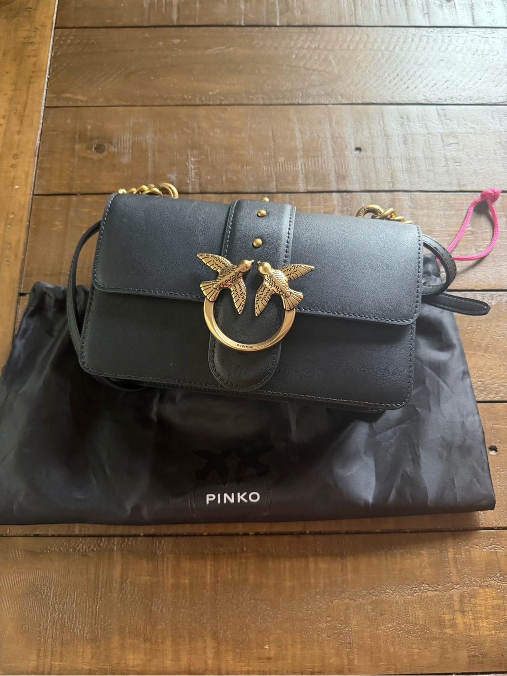 Pinko Black Leather Crossbody Bag with Gold Love Birds Ring